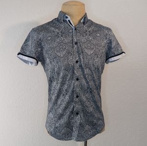 Men's M black and white Paisley short sleeve button up cotton shirt
